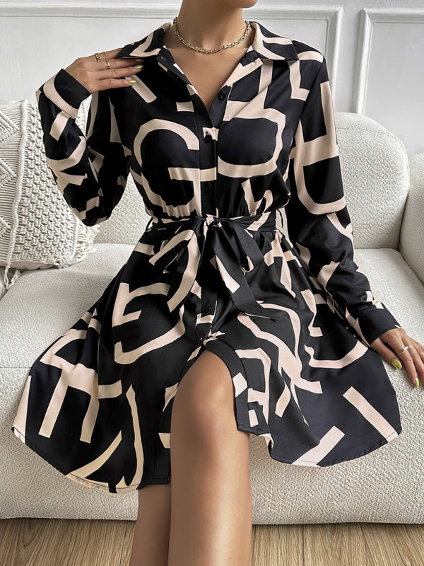 Women's woven commuter fashion geometric print long-sleeved dress