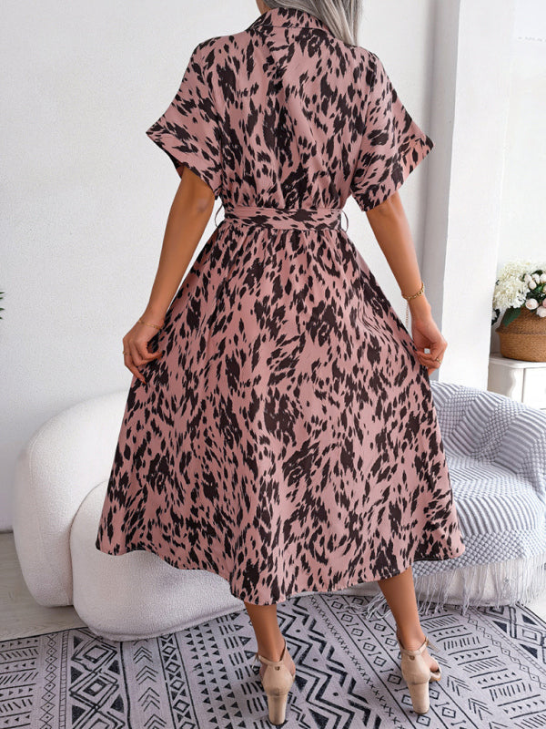 Women's Woven Loose Leopard Print Tie Short Sleeve Shirt Dress