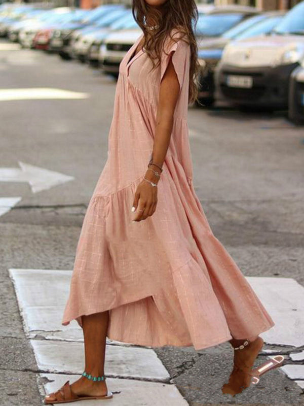 Women's Solid Color V-Neck Irregular Long Swing Dress