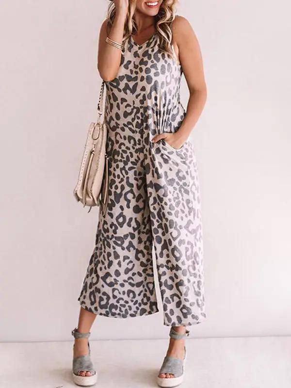 Women's casual fashion V-neck leopard print sleeveless jumpsuit