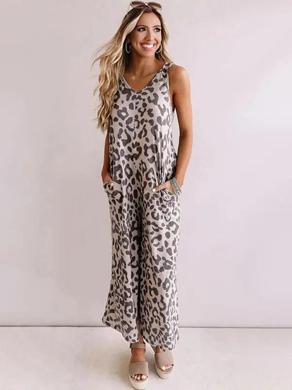 Women's casual fashion V-neck leopard print sleeveless jumpsuit