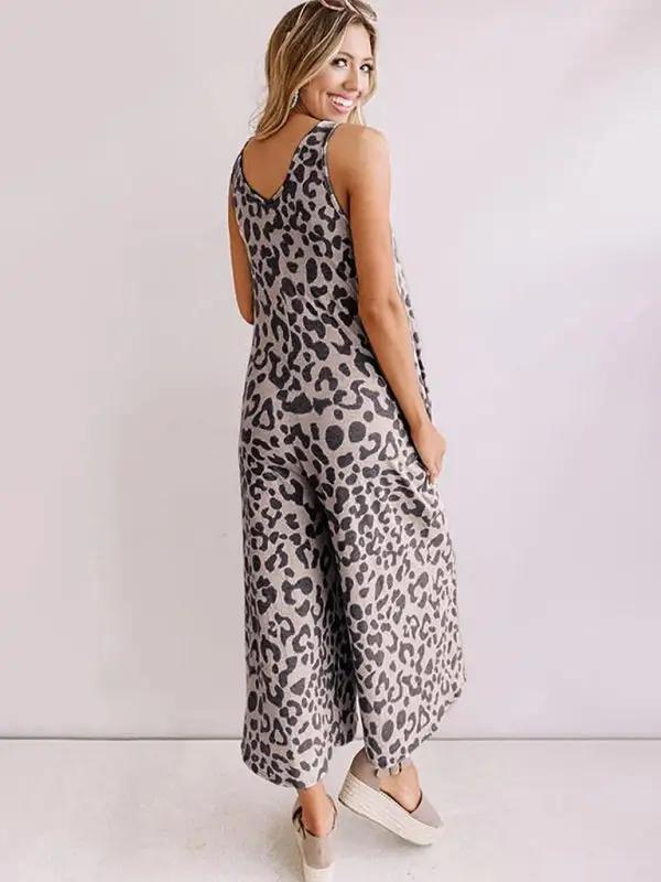 Women's casual fashion V-neck leopard print sleeveless jumpsuit