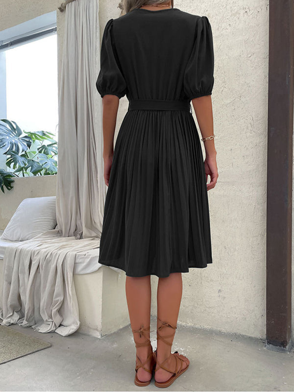 Women's Solid Color Tie V Neck Pleated Dress