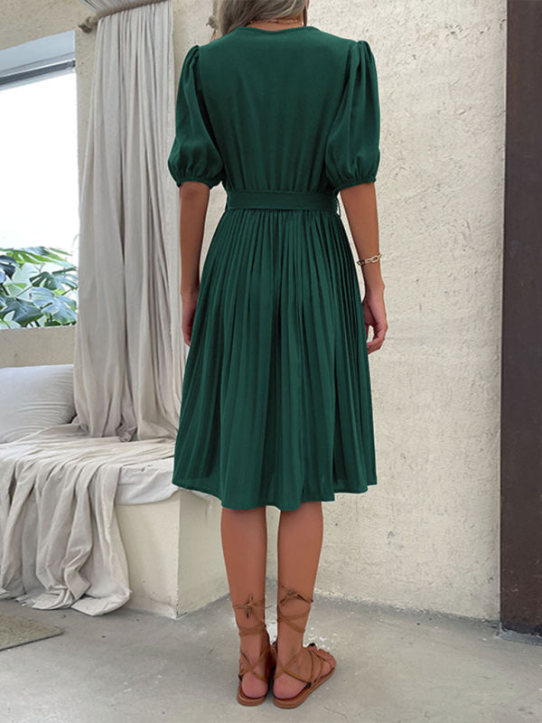 Women's Solid Color Tie V Neck Pleated Dress