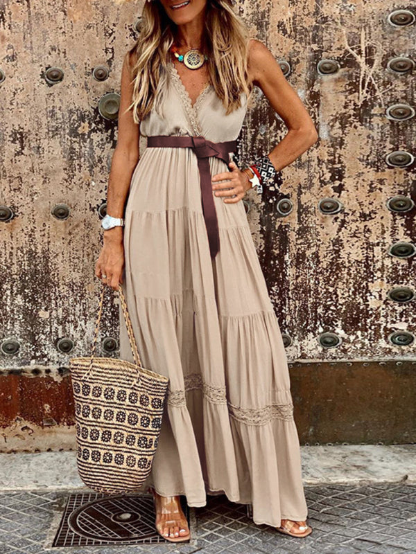 New French style high waist V-neck stitching mid-length dress maxi dress