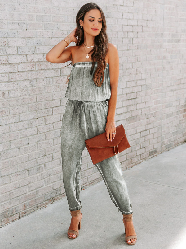 Women's Wrapped Chest Washed Distressed Lace-Up Jumpsuit