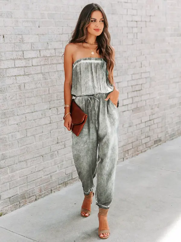 Women's Wrapped Chest Washed Distressed Lace-Up Jumpsuit