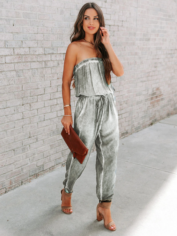 Women's Wrapped Chest Washed Distressed Lace-Up Jumpsuit