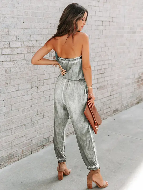 Women's Wrapped Chest Washed Distressed Lace-Up Jumpsuit