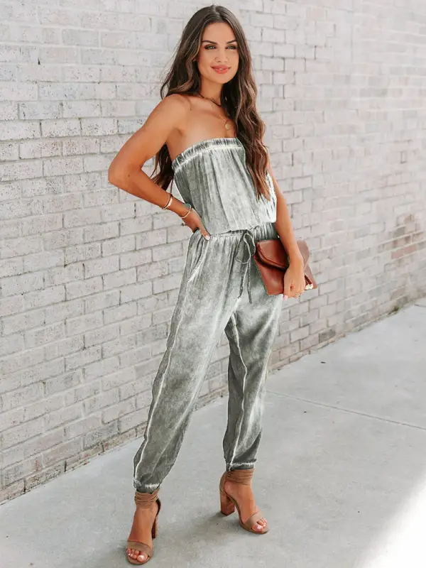 Women's Wrapped Chest Washed Distressed Lace-Up Jumpsuit