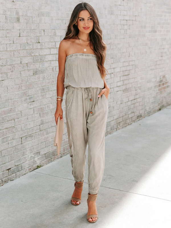 Women's Wrapped Chest Washed Distressed Lace-Up Jumpsuit