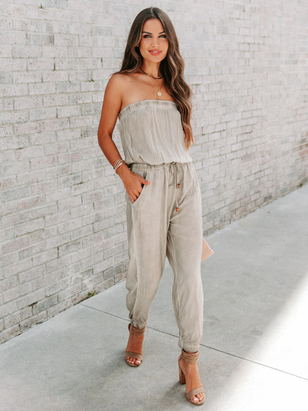 Women's Wrapped Chest Washed Distressed Lace-Up Jumpsuit