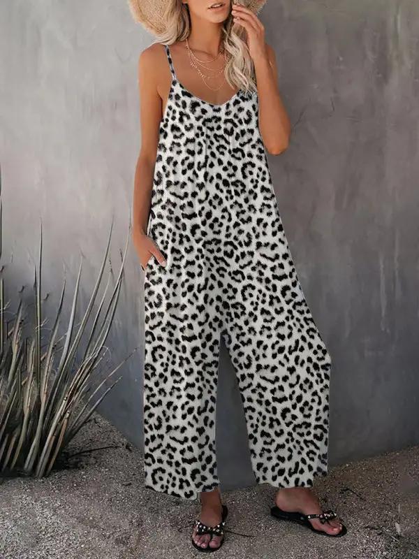 Women's Casual Sleeveless Leopard Print Pocket Loose Suspender Jumpsuit