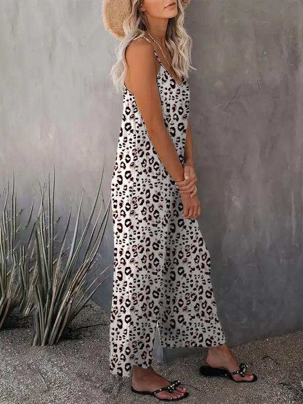 Women's Casual Sleeveless Leopard Print Pocket Loose Suspender Jumpsuit