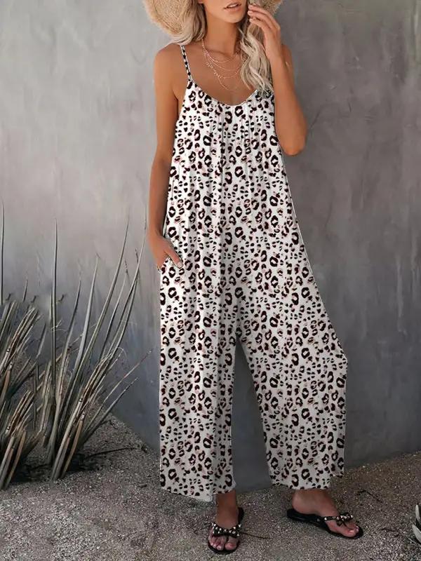 Women's Casual Sleeveless Leopard Print Pocket Loose Suspender Jumpsuit