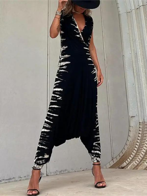 Women's Irregular Printed V-Neck Jumpsuit