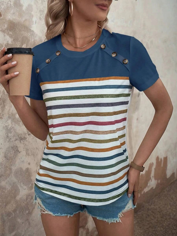 Women's Stripe Print Button Short Sleeve Casual Top