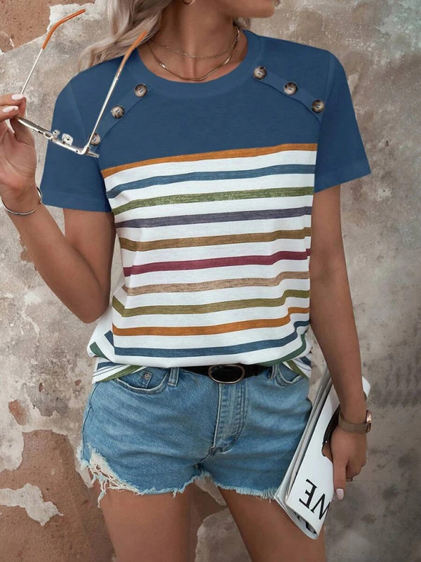 Women's Stripe Print Button Short Sleeve Casual Top