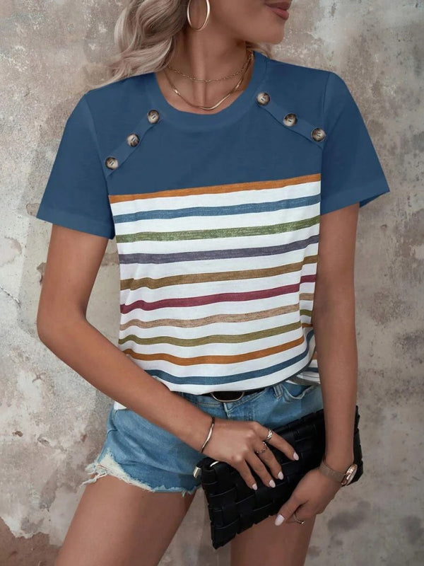 Women's Stripe Print Button Short Sleeve Casual Top