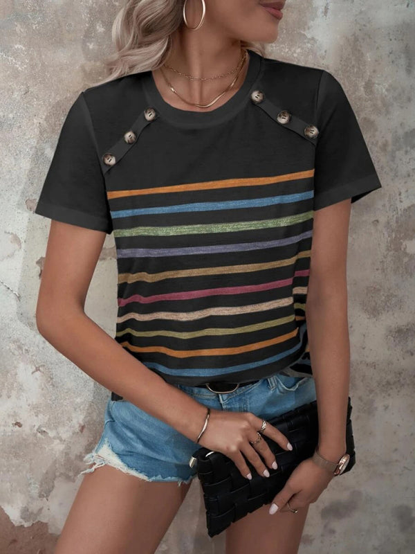 Women's Stripe Print Button Short Sleeve Casual Top