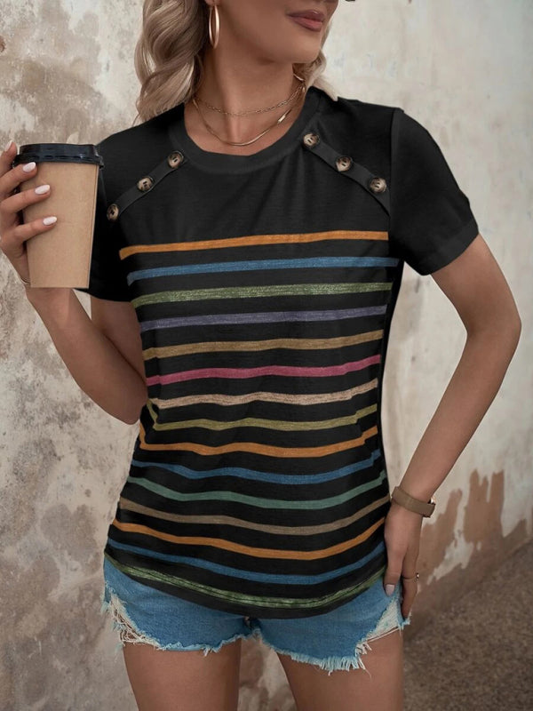 Women's Stripe Print Button Short Sleeve Casual Top