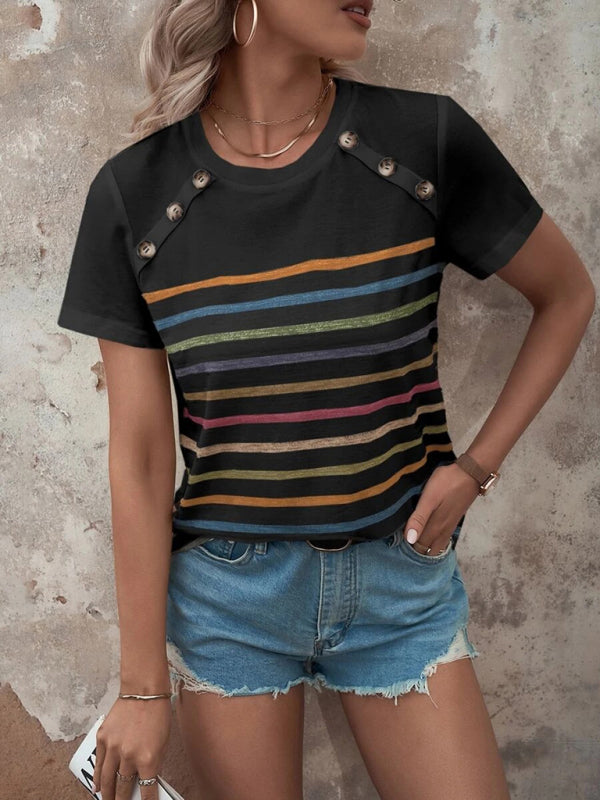 Women's Stripe Print Button Short Sleeve Casual Top