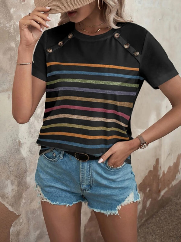 Women's Stripe Print Button Short Sleeve Casual Top