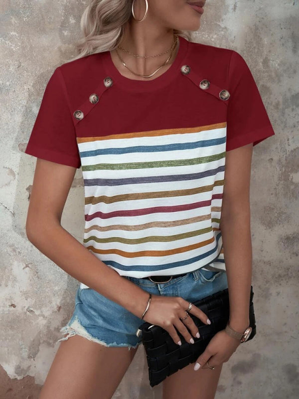 Women's Stripe Print Button Short Sleeve Casual Top