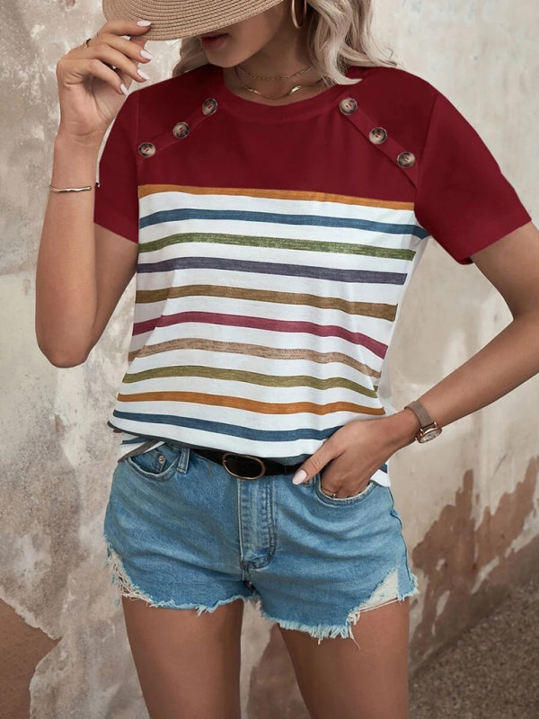 Women's Stripe Print Button Short Sleeve Casual Top