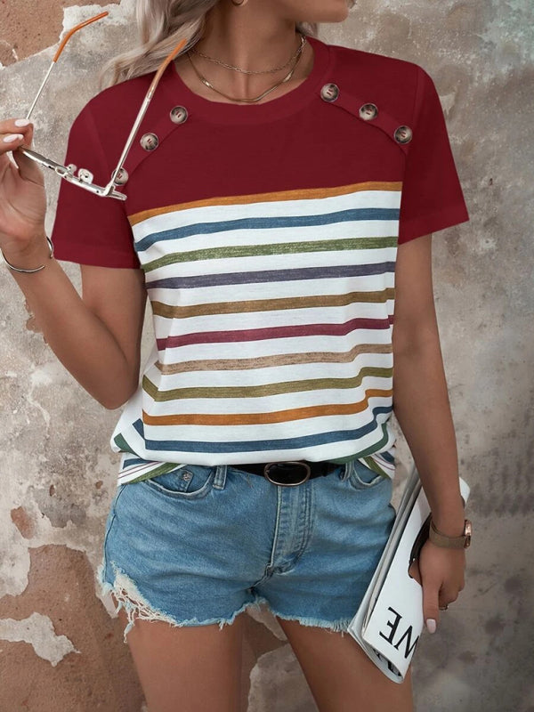 Women's Stripe Print Button Short Sleeve Casual Top