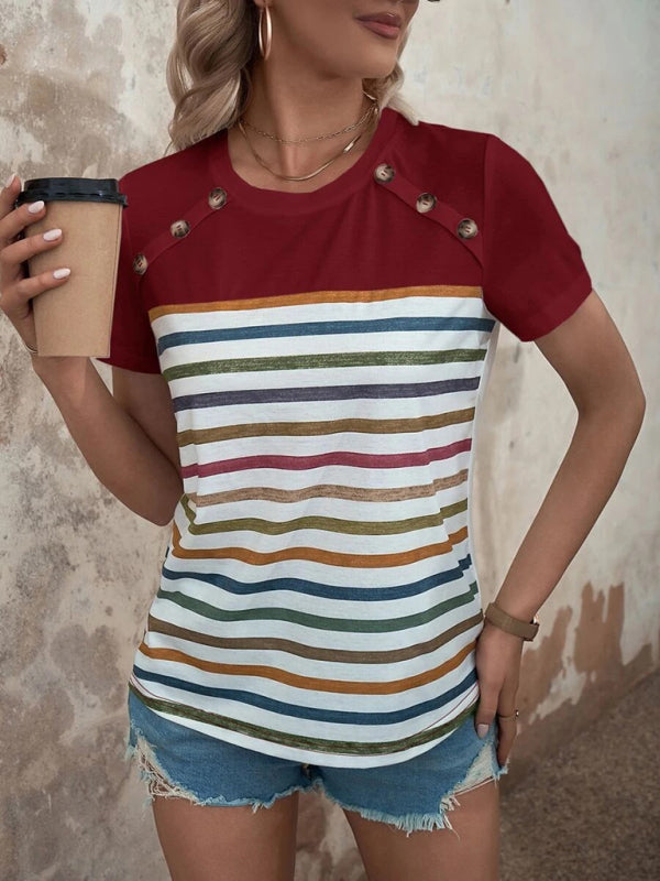 Women's Stripe Print Button Short Sleeve Casual Top