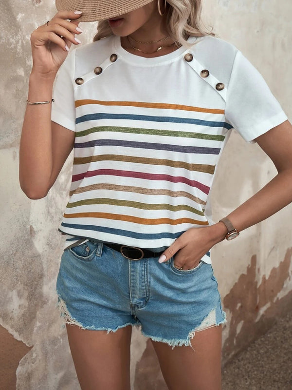 Women's Stripe Print Button Short Sleeve Casual Top