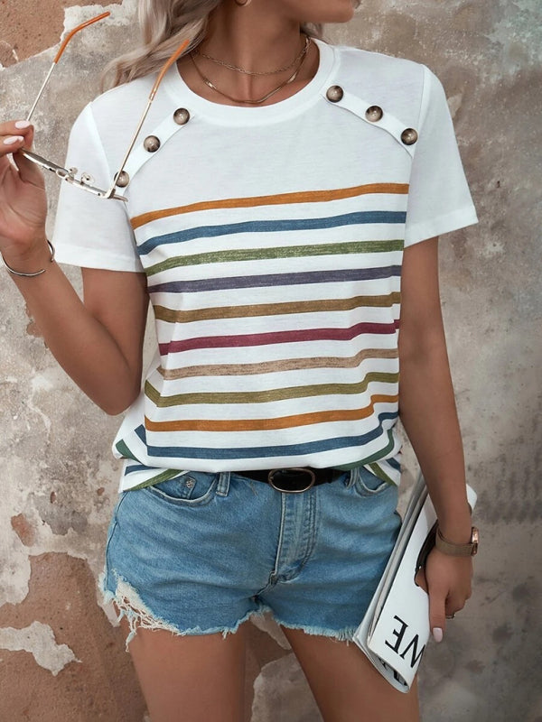 Women's Stripe Print Button Short Sleeve Casual Top