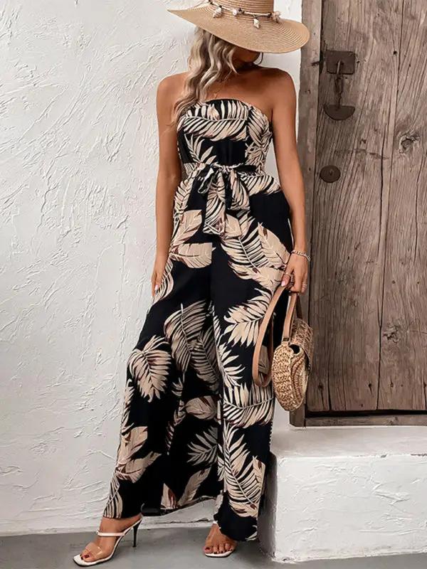 New fashion women's plant leaf print tube top jumpsuit