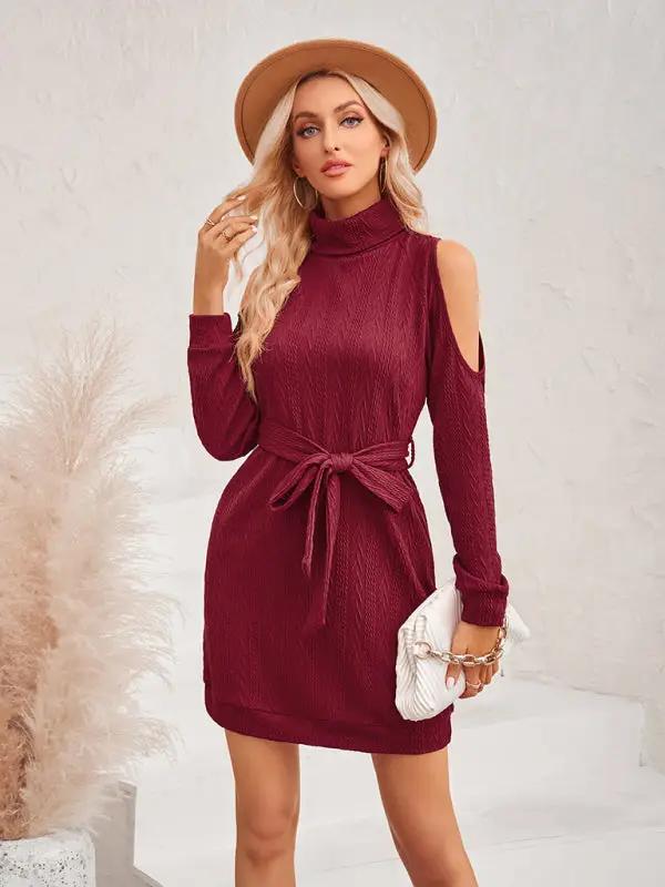 Round neck shoulder cutout tie waist dress