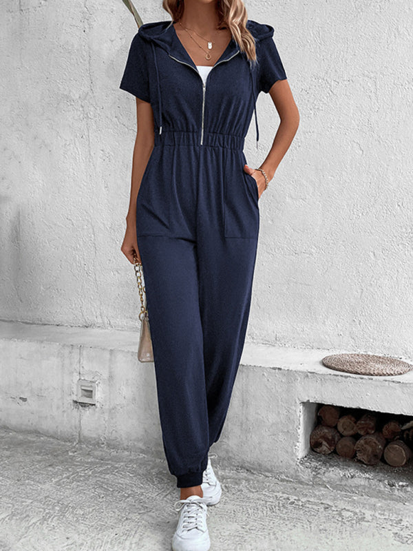 Hooded Zip Loose Casual Cargo Jumpsuit