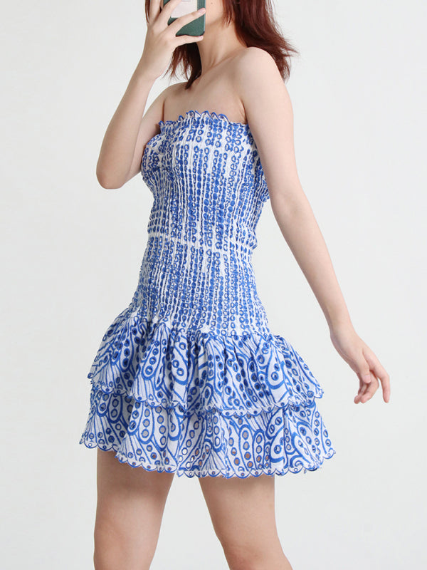 New Arrival Strapless Slim Ruffle Hem Embroidered Short Dress