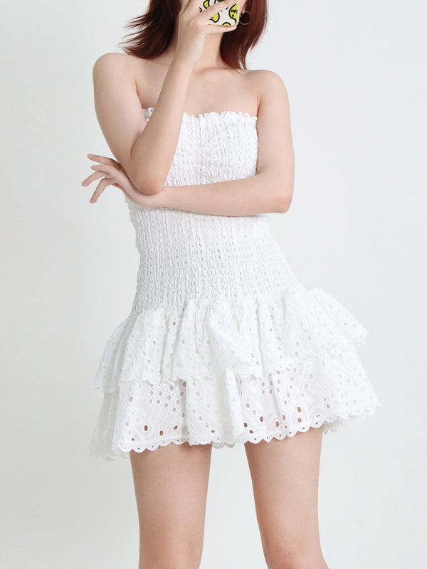 New Arrival Strapless Slim Ruffle Hem Embroidered Short Dress