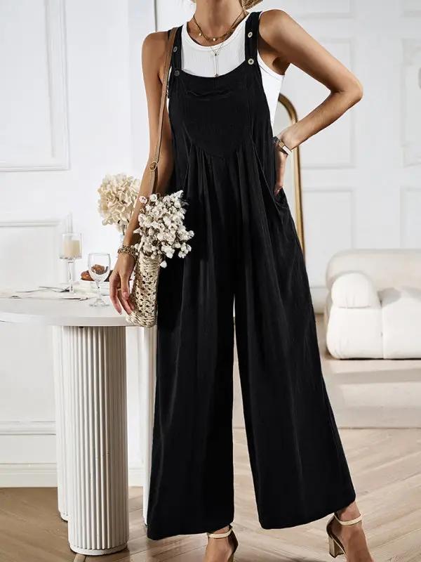 Women's solid color casual all-match loose wide-leg jumpsuit