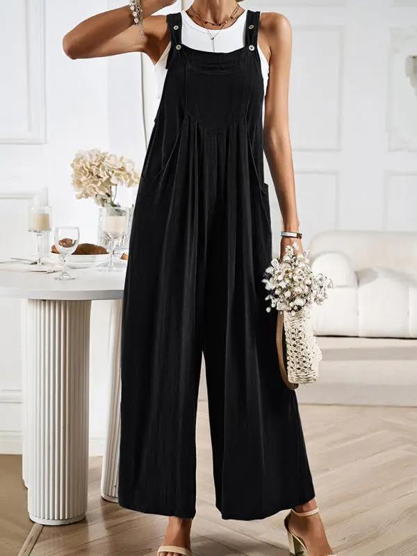 Women's solid color casual all-match loose wide-leg jumpsuit