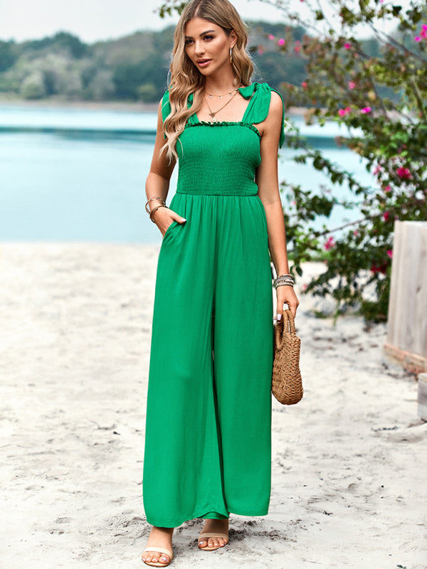 New temperament casual solid color high waist wrap chest suspender jumpsuit wide leg pants