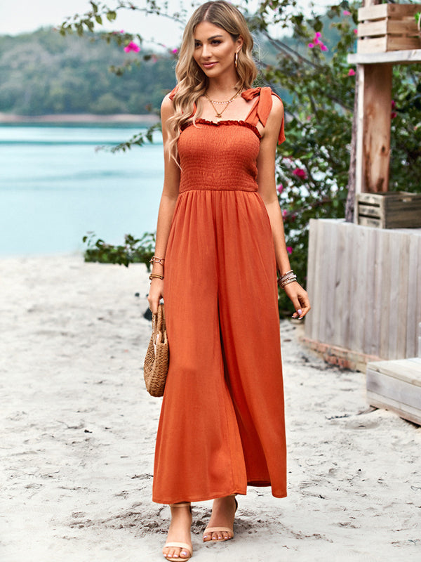 New temperament casual solid color high waist wrap chest suspender jumpsuit wide leg pants