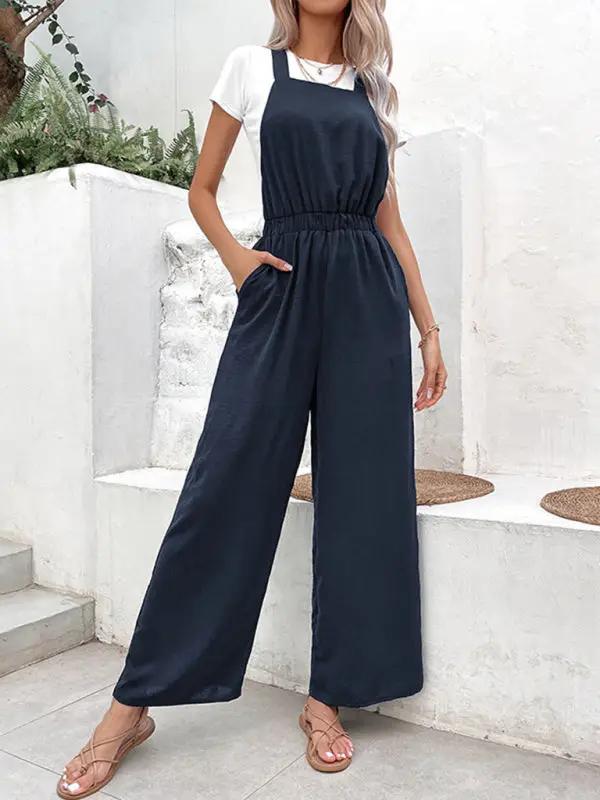 Women's Casual Stretch Elastic Belt Bib Overalls Jumpsuit