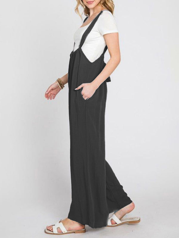 New jumpsuit solid color all-match lace-up loose double side pocket wide-leg trousers