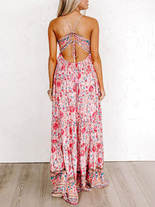 New Sling Floral Street Strap Backless Dress