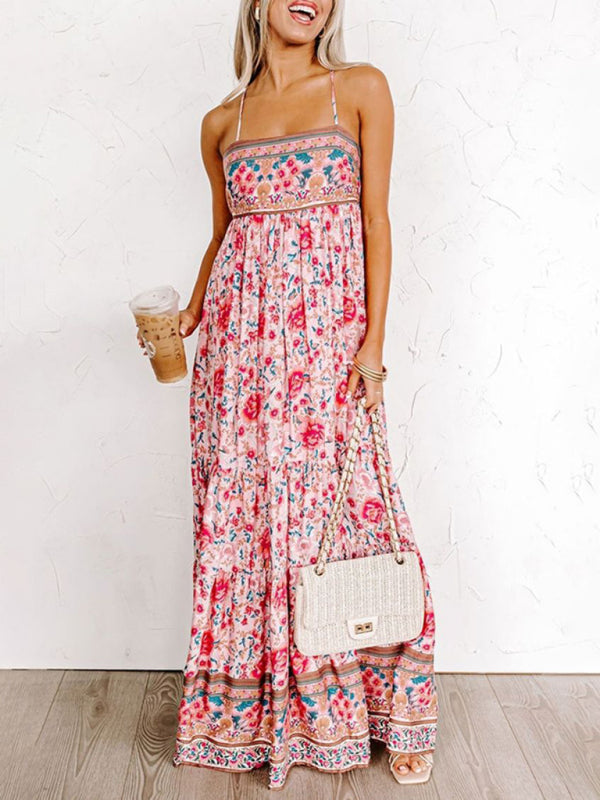 New Sling Floral Street Strap Backless Dress