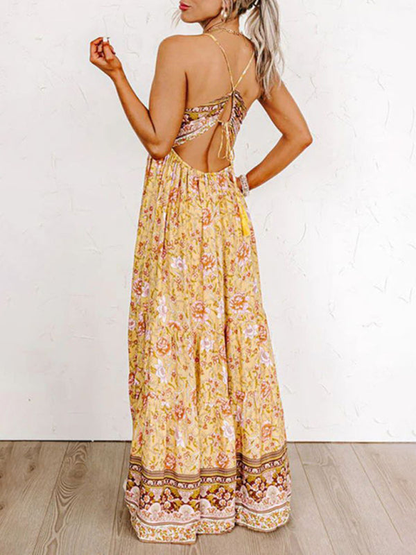 New Sling Floral Street Strap Backless Dress