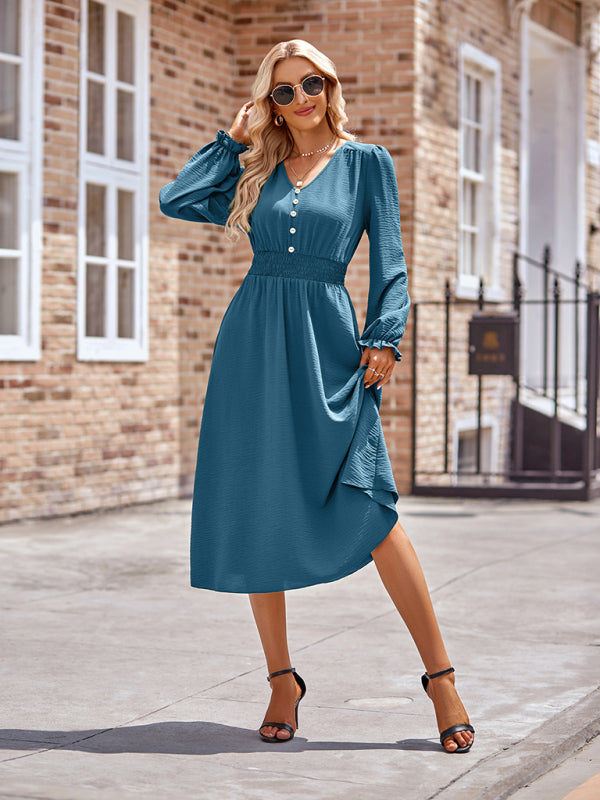 Women's V-neck waist solid color mid-length dress