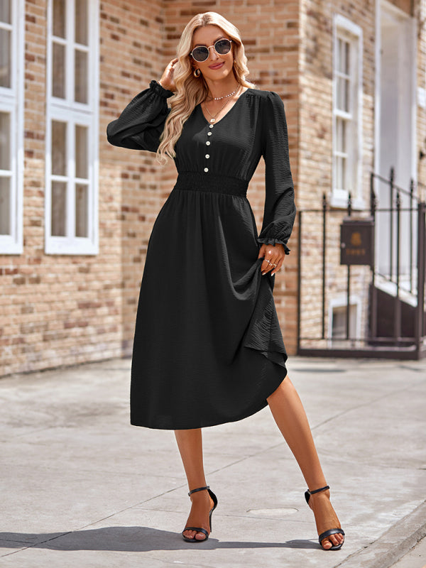 Women's V-neck waist solid color mid-length dress