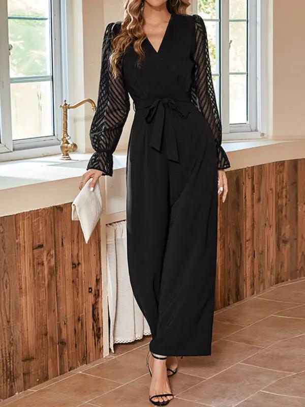 Women's Black Stitching See-Through Slim Elegant Jumpsuit